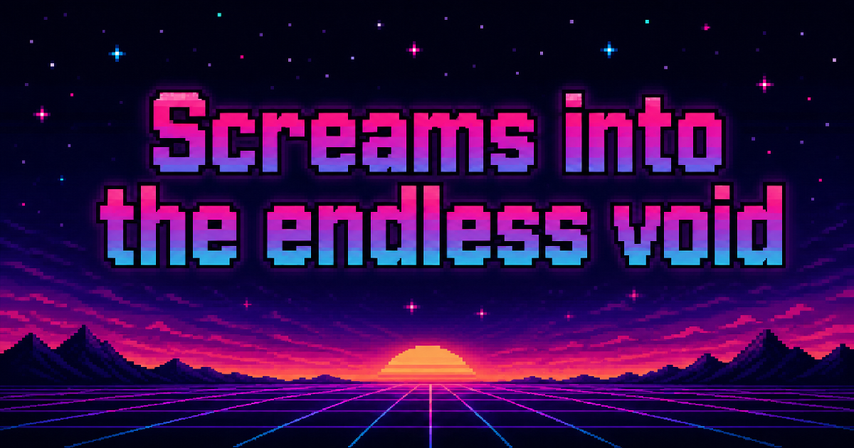 Pixel-art sunset sinking behind a glowing grid, with dark mountains on the horizon and a starry purple sky
